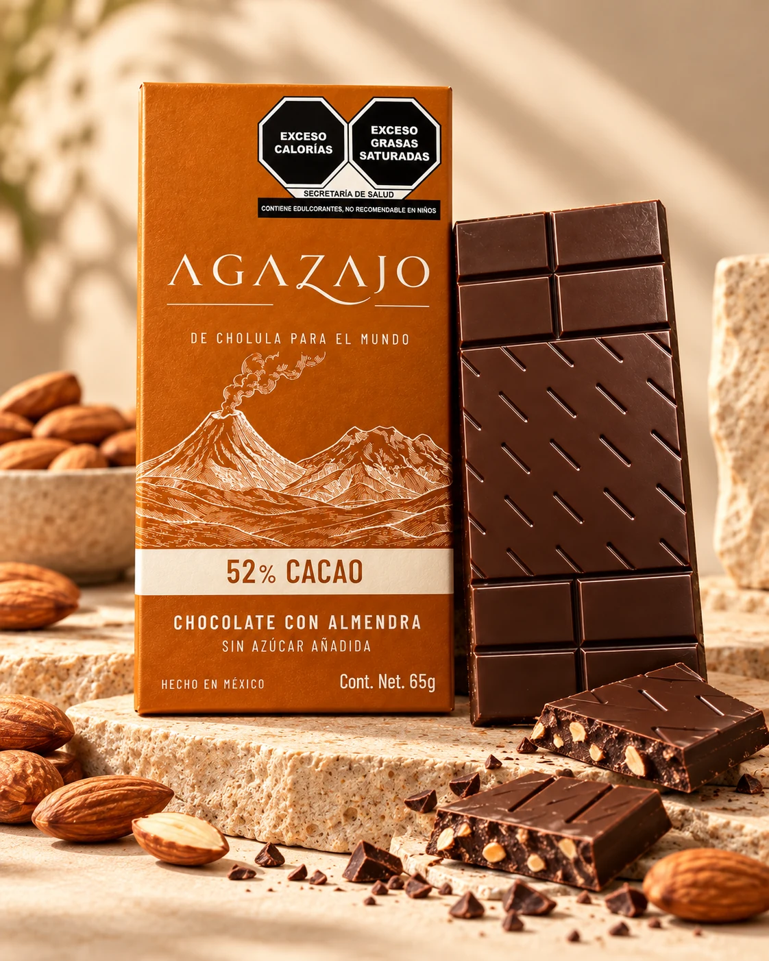 Caja y barra de chocolate Agazajo 52% cacao con almendra