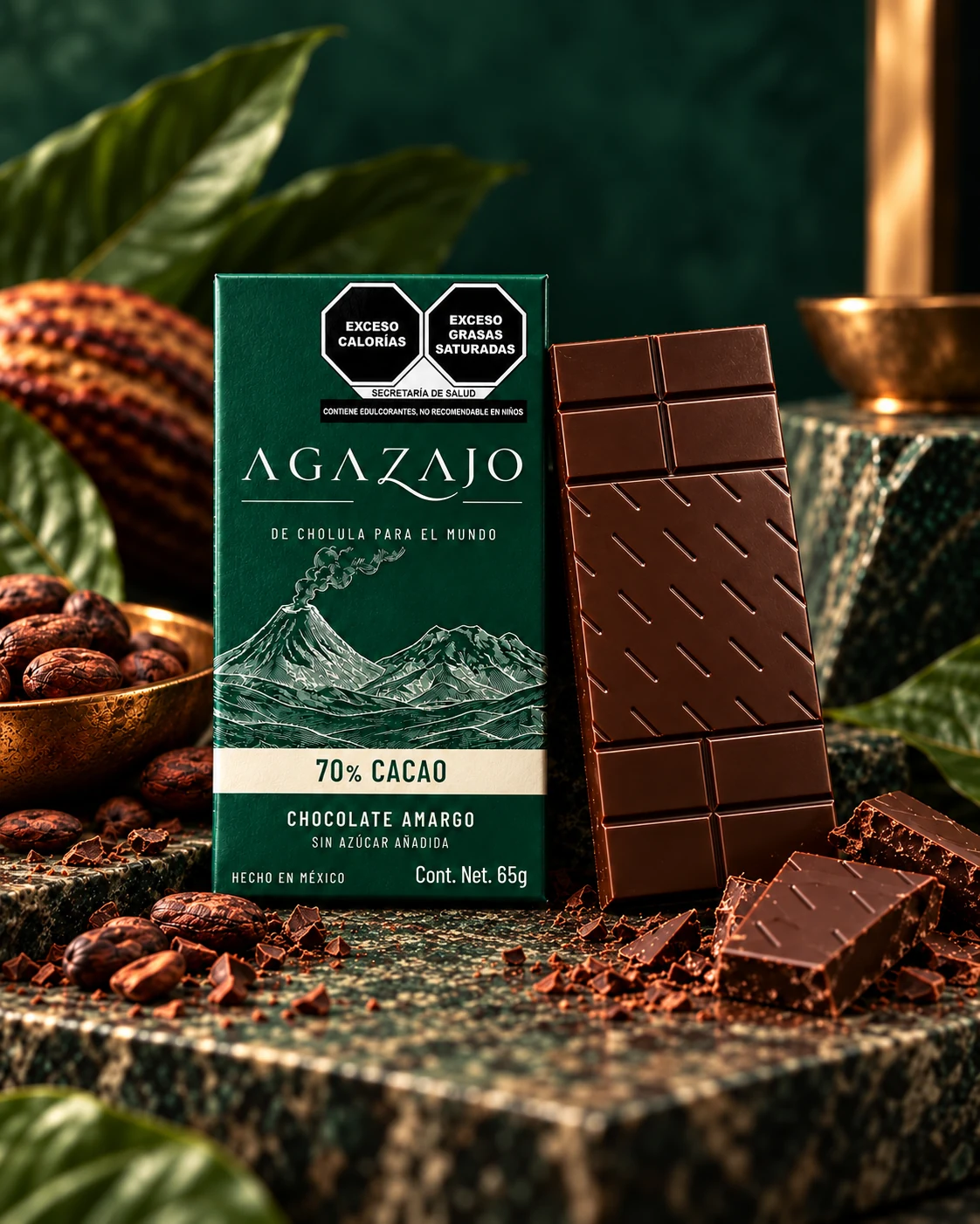 Caja y barra de chocolate Agazajo 70% cacao