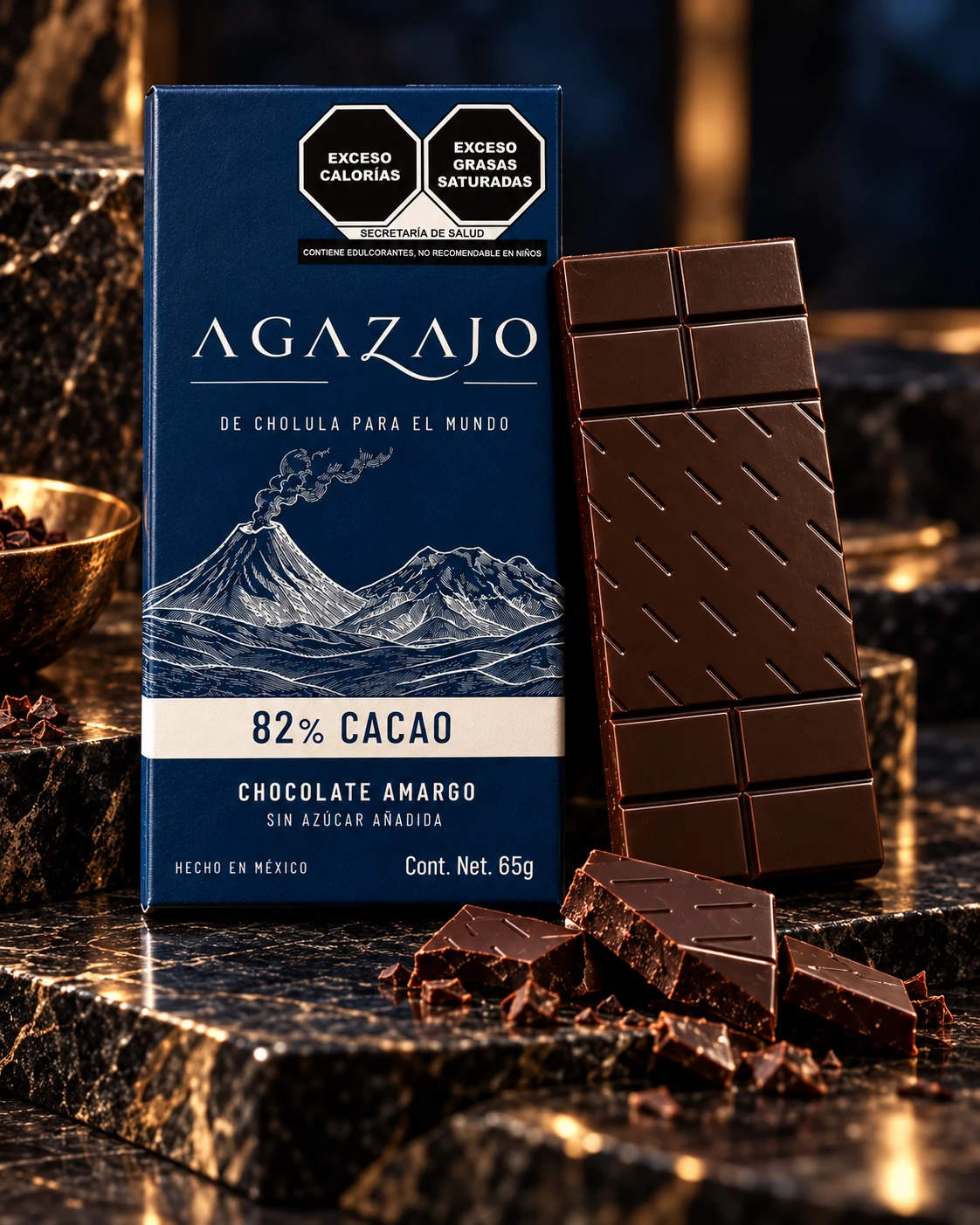 Caja y barra de chocolate Agazajo 82% cacao