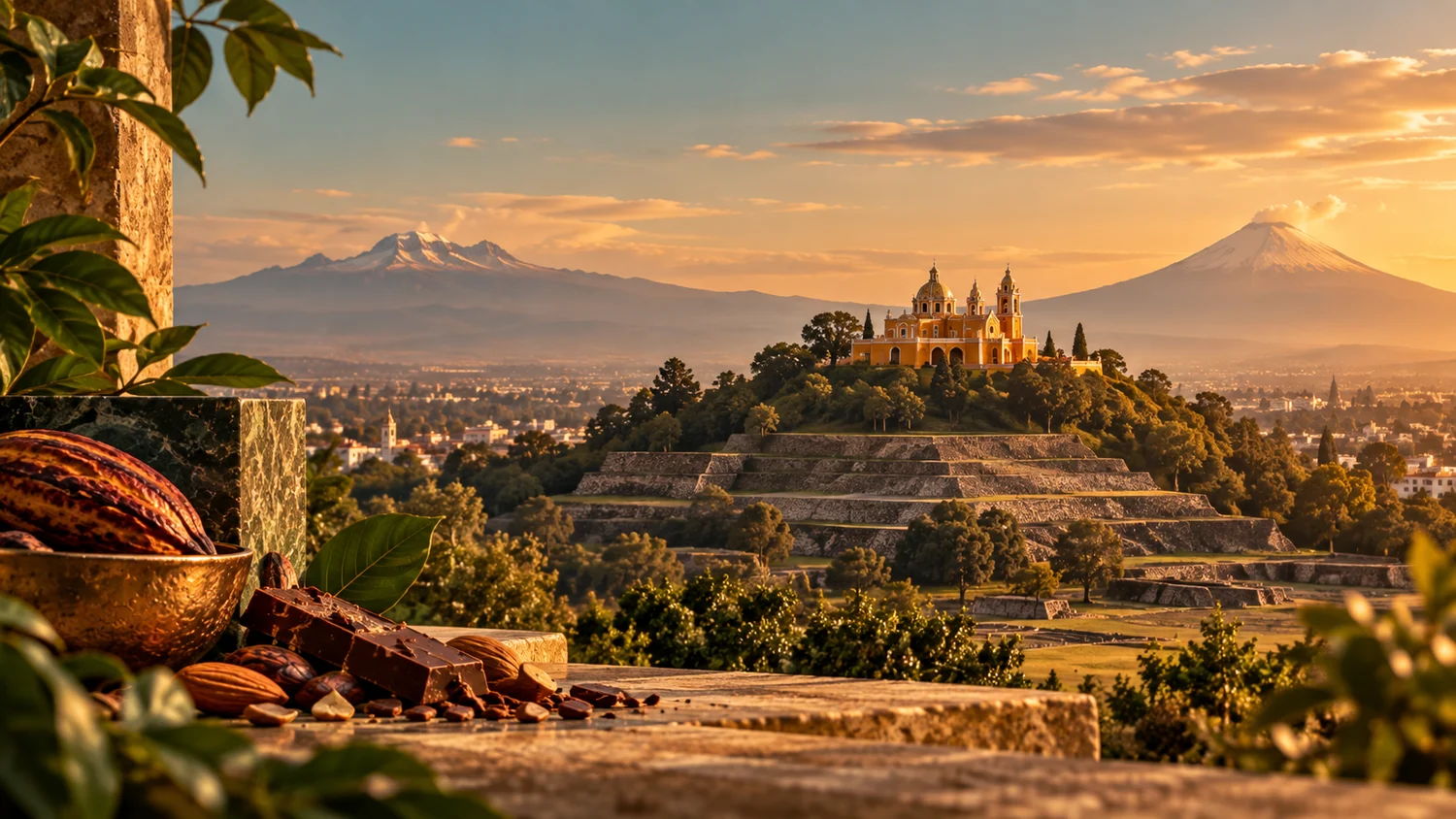 Vista editorial inspirada en San Pedro Cholula, sus volcanes y el cacao
