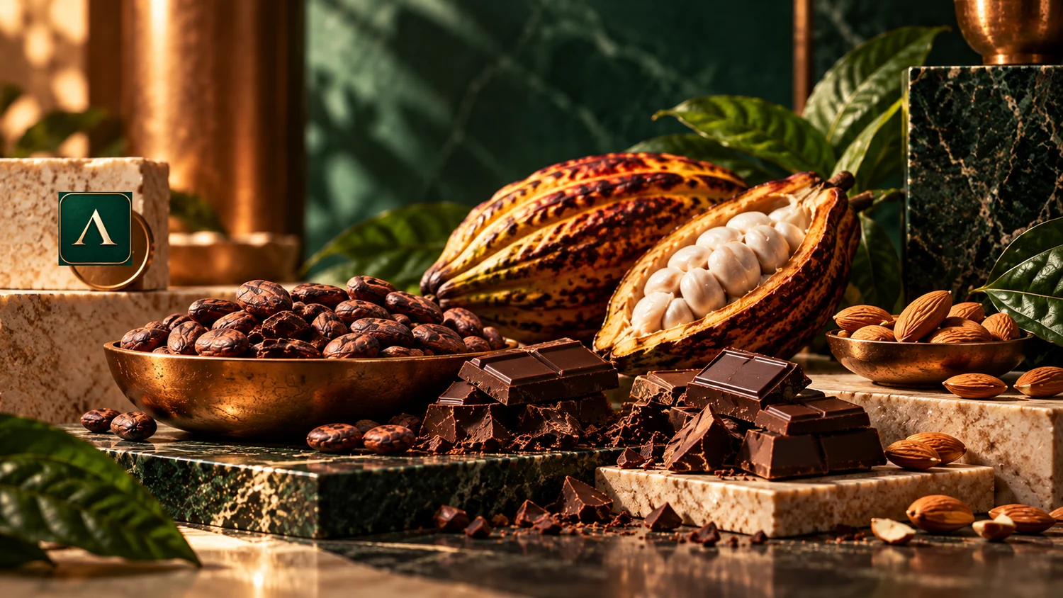 Cacao, chocolate y almendras en una composición editorial de Agazajo